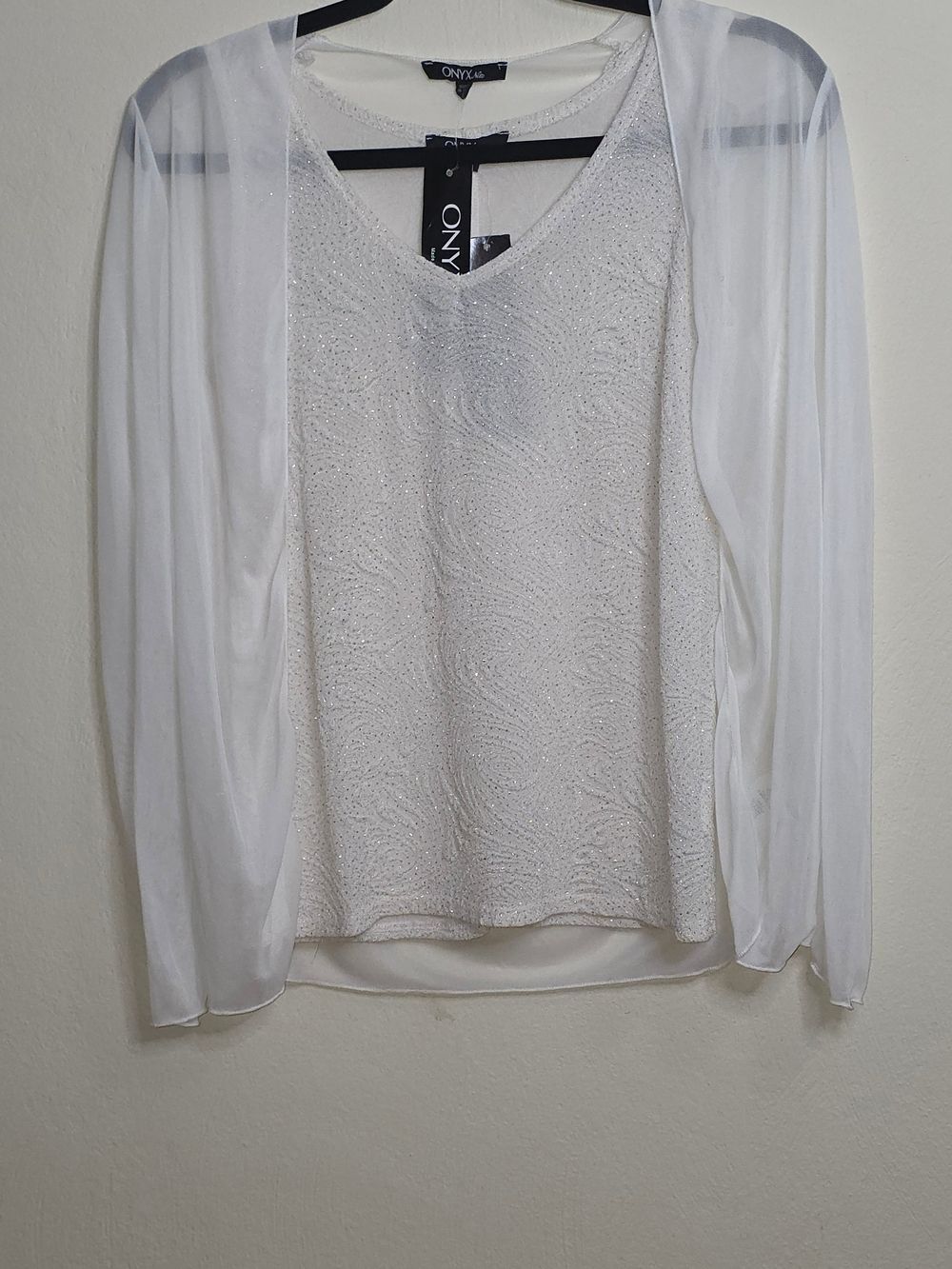 Onyx Ivory Sequined V-Neck Sheer Sleeve Blouse